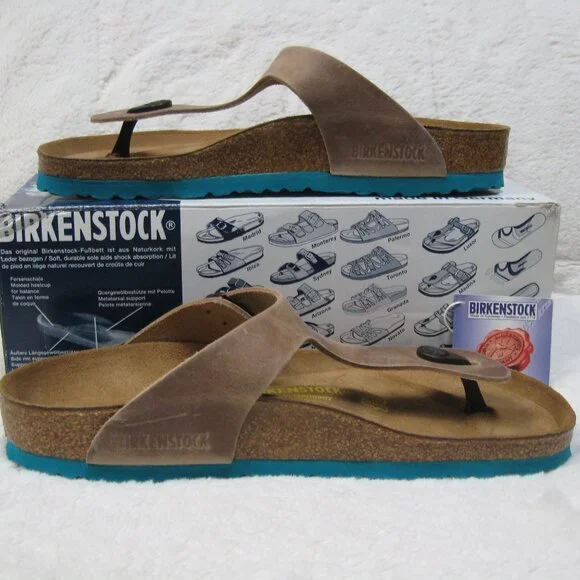 Birkenstock GIZEH Waxy Leather Tobacco Brown w/ Aqua Sole. 40 R US W 9 M 7 - Picture 5 of 13